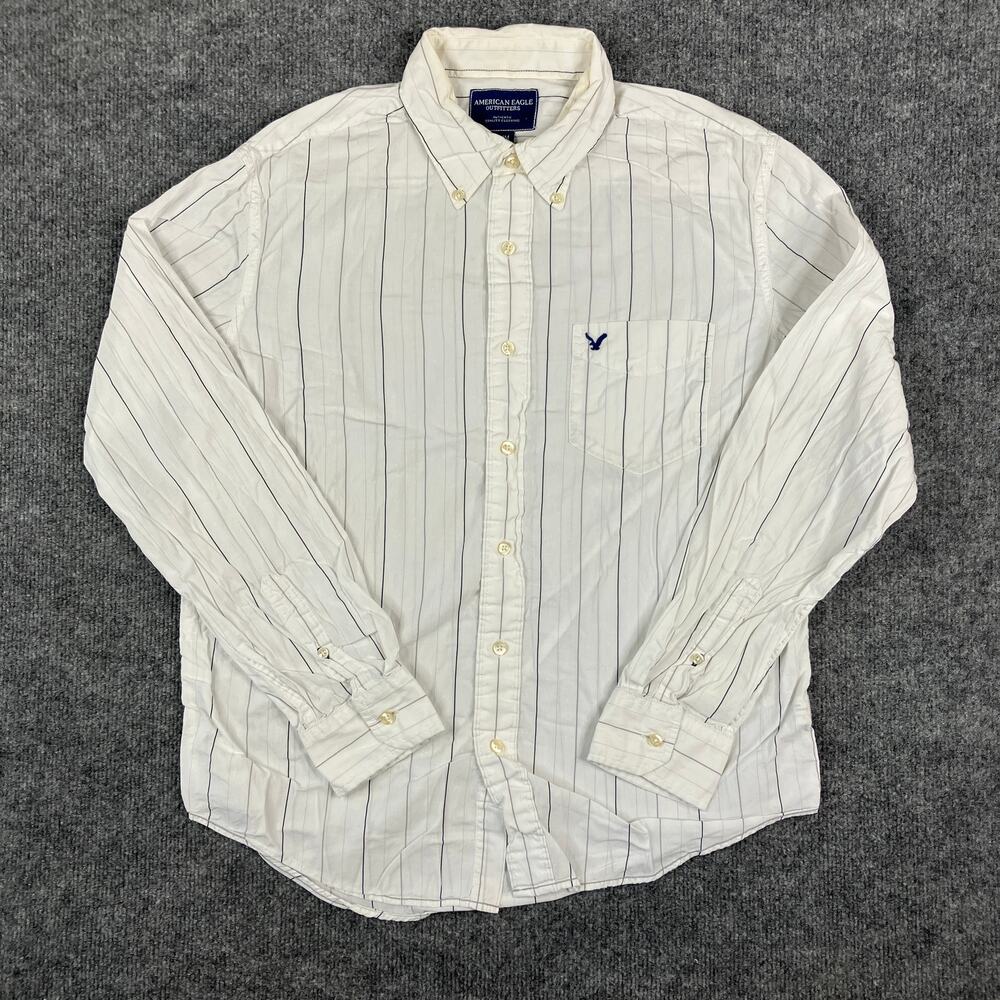 American Eagle Button-Up Shirt Mens M White Striped Long Sleeve Casual Preppy